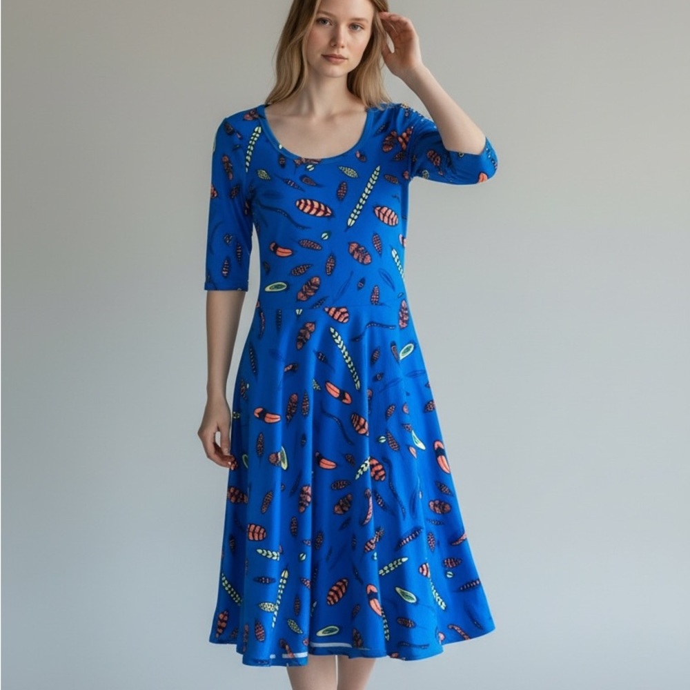 NWT LuLaRoe Royal Blue Midi Dress with Feather Print size S